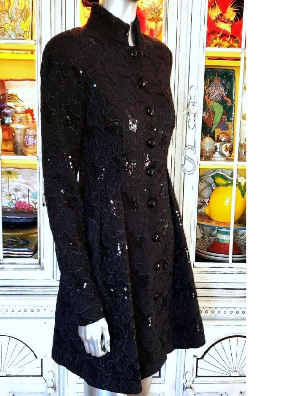 Betsey Johnson Vintage Y2K Black Embroidered Sequin Midi Coat Evening Jacket S